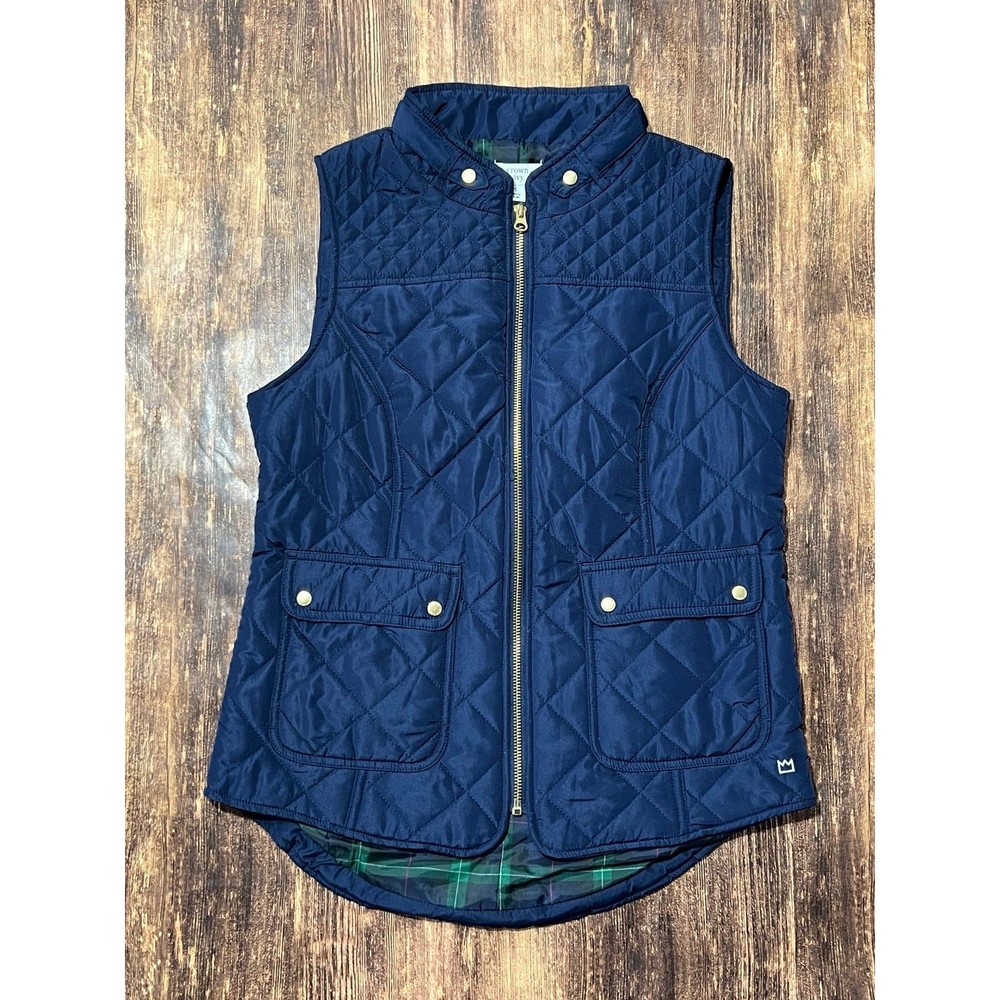 Crown & Ivy Harbor Navy Icon Plaid Full Zip Sleeveless Puffer Vest NWT Sz SMALL